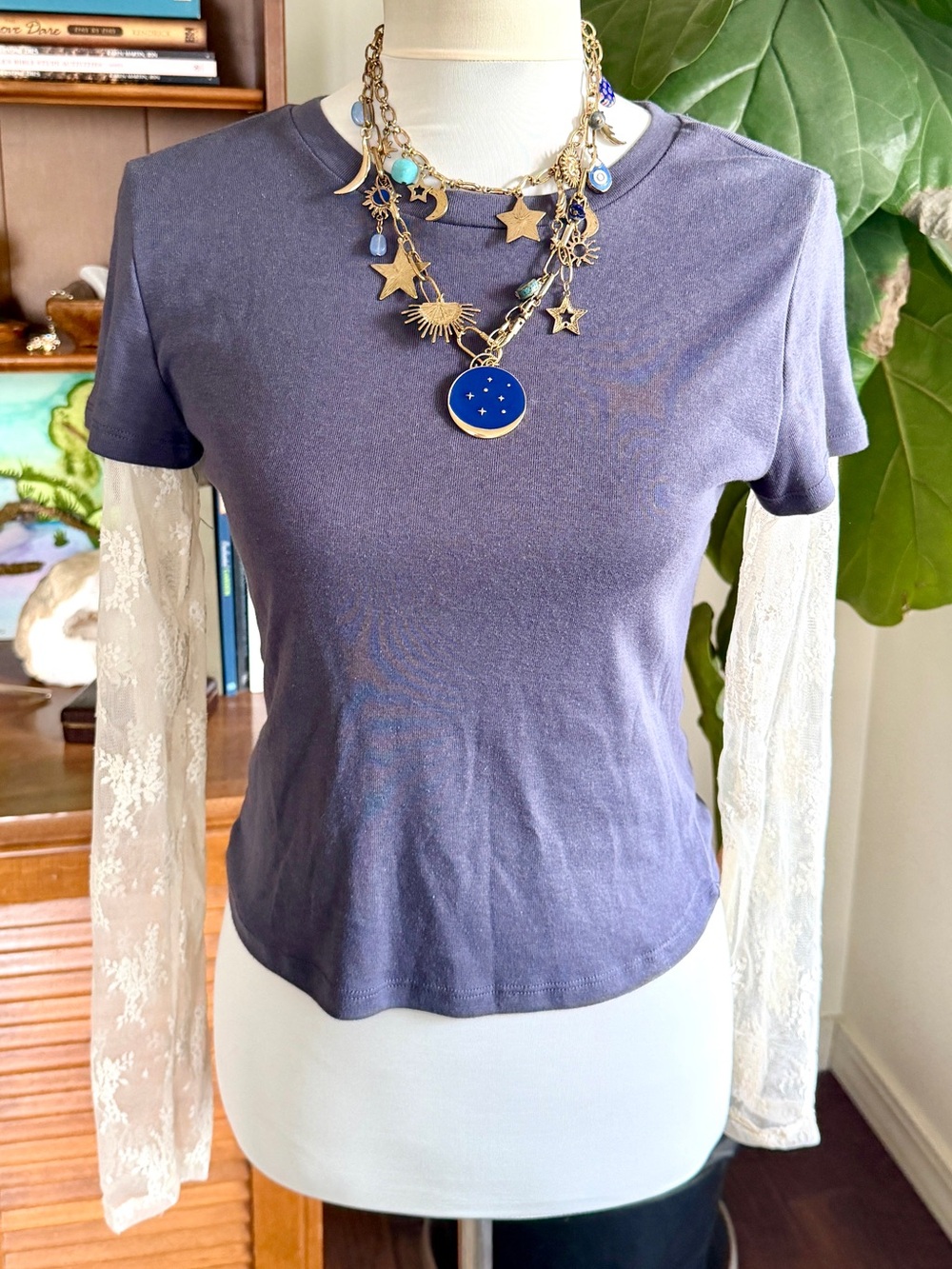 Pink Rose Navy Tee Layered Over Cream Lace Long Sleeve Top Shirt L
